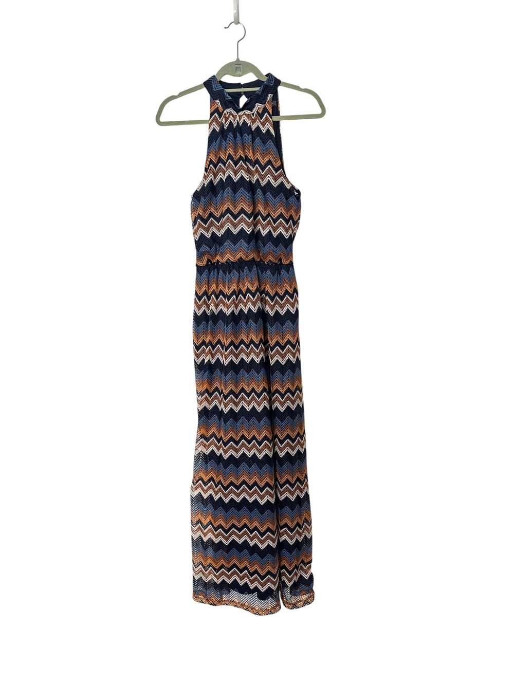 Julia Jordan Navy, Rust & Cream Chevron Halter dress
